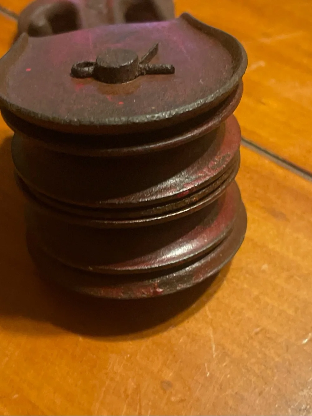 Vintage Red Iron pulley Decor with arrow with tie off Cleat